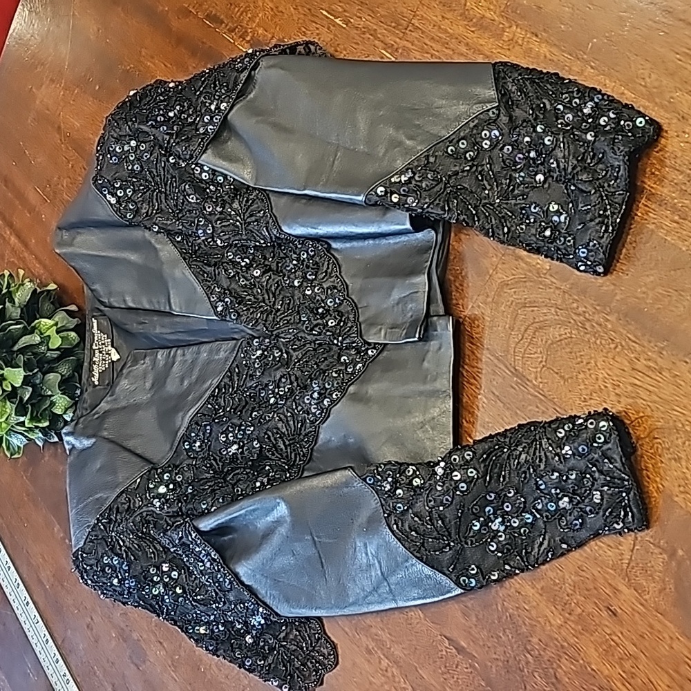 VINTAGE Judith Ann Creations LEATHER Sequin Jacket